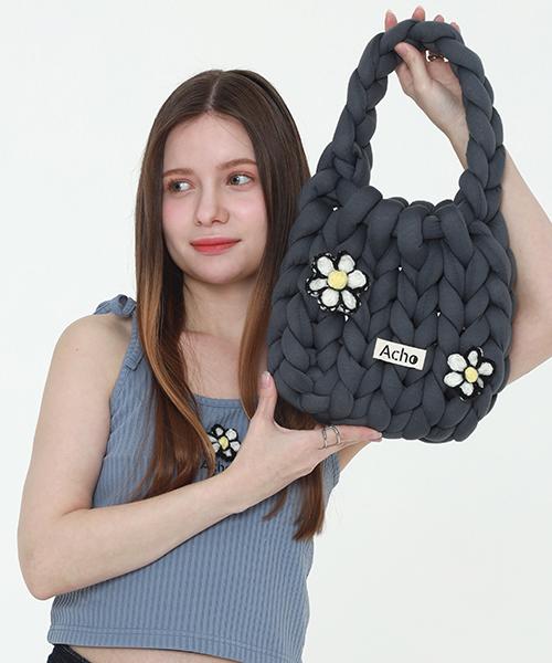 Acho Daisy Flower Knitted Pompon Tote Bag_Deep Gray
