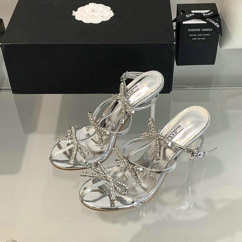 Advanced Sense ~! Silver Patent Leather Rhinestone Bow Pointy Half Slippers For Women With Fine Heels And High Heels