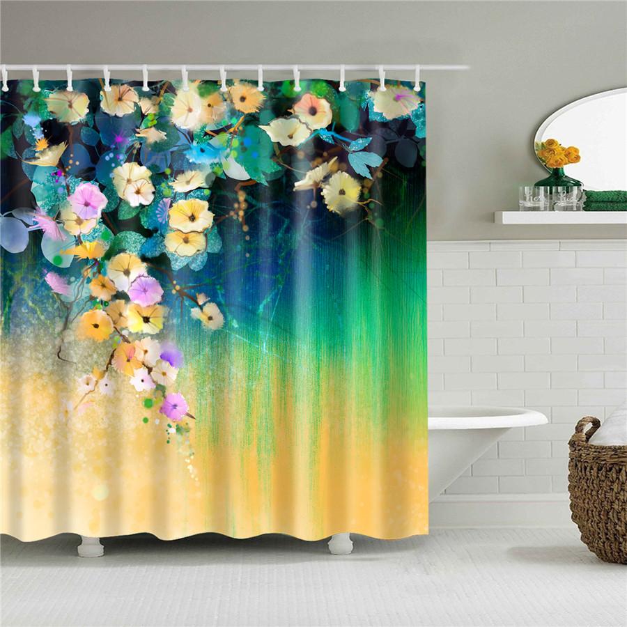 Flower Painting Printed Mildew Proof Polyester Shower Curtains Washable Waterproof Shower Curtains For Bathroom Home Decor