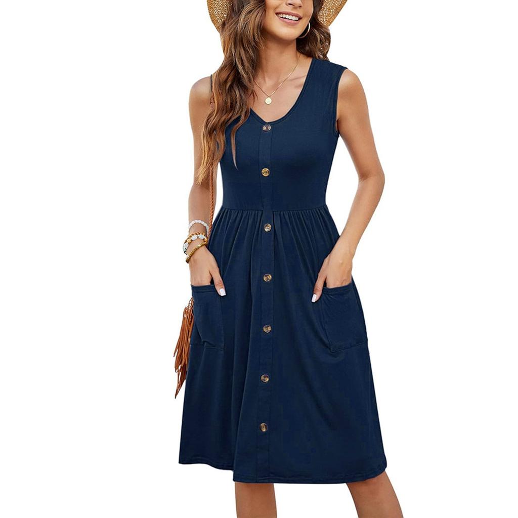 Women's Fashion Casual Solid Color Sleeveless V-Neck Buttoned Dress With Pockets