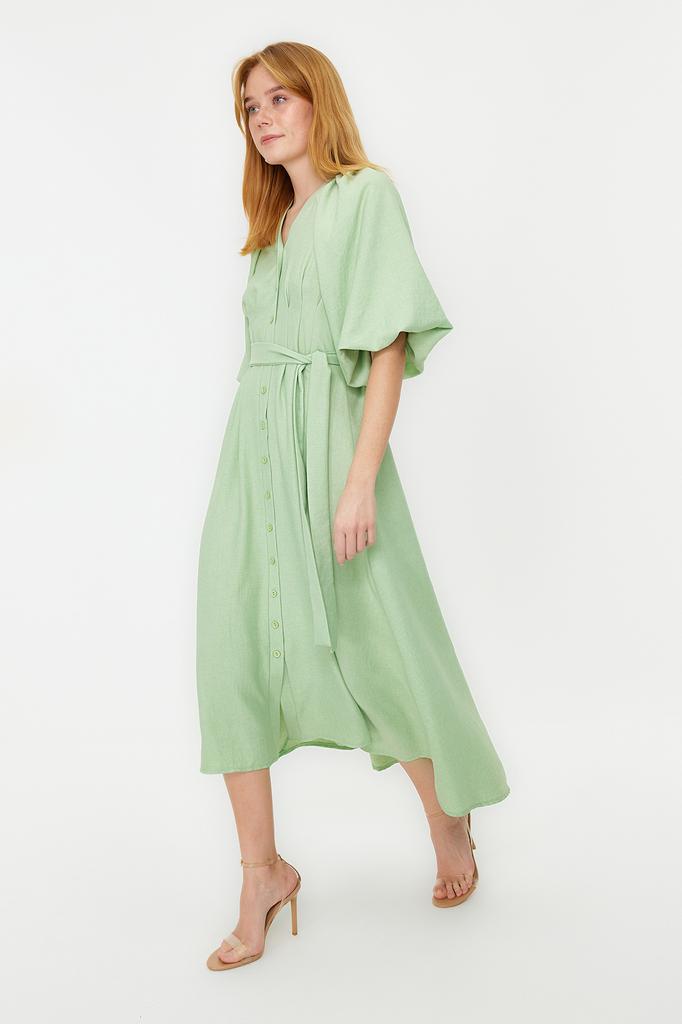 Women's Fashion Linen Look Woven Shirt Dress with Stone Belt and Half Balloon Sleeves