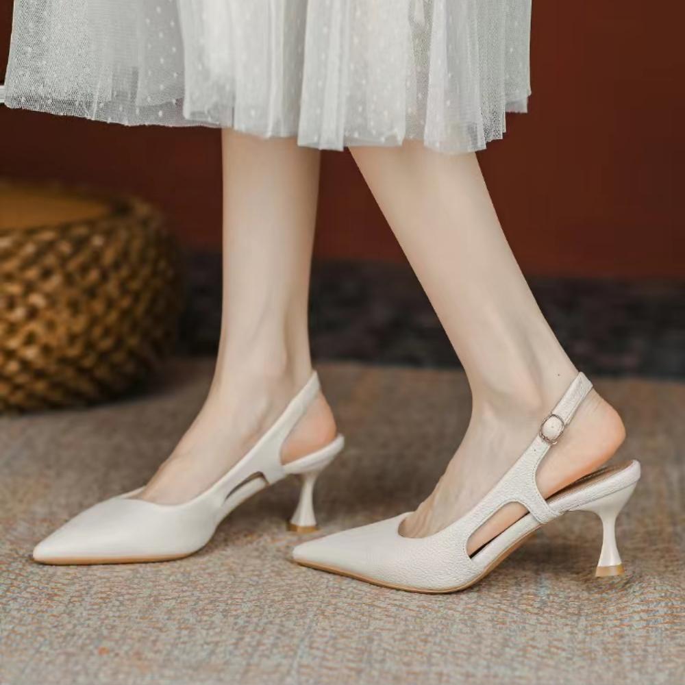Summer Mid-heel Pointed Toe Single Shoes Leather Toe Sandals Women's Shoes Solid Color Fashion Elegant Single Shoes for Women