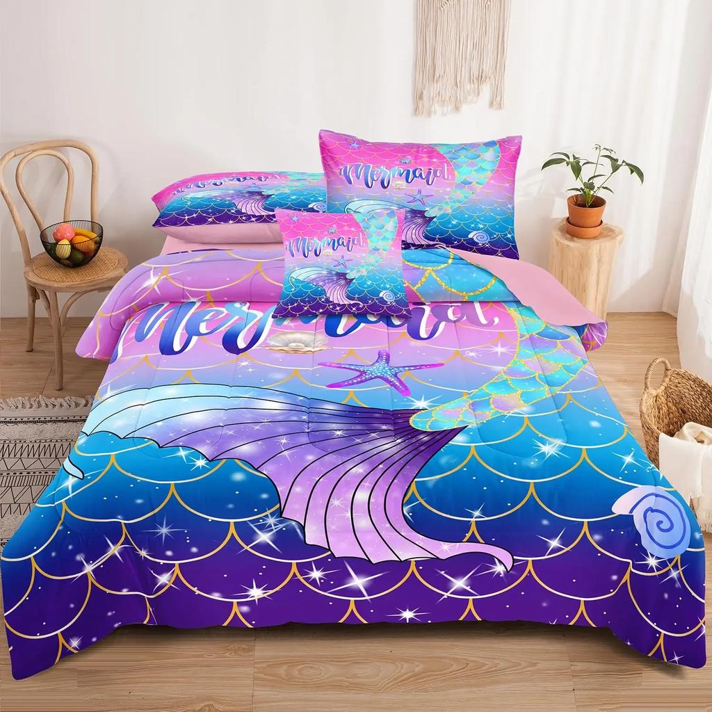 Comforter Pink Mermaid Bedding Set Comforter Twin For Kids Glow In The Dark Mermaid Bedding Sets With Decor Pillow3 Pieces Girls Bed Set