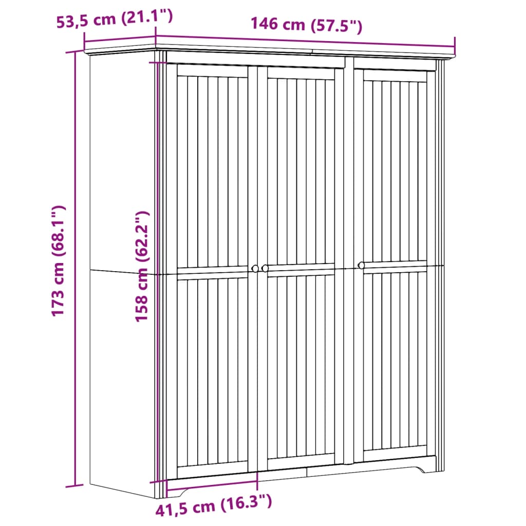 Bodo Wardrobe, White-Brown, 146X53.5X173 Cm, Solid Pine Wood