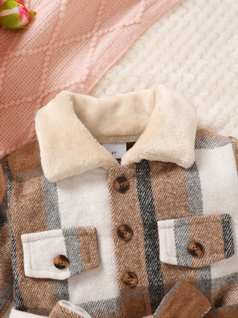 3pcs Baby Girl Plaid Patchwork Fur Long Sleeved Dress with Belt and Hat Suitable for Wearing In Autumn and Winter Seasons