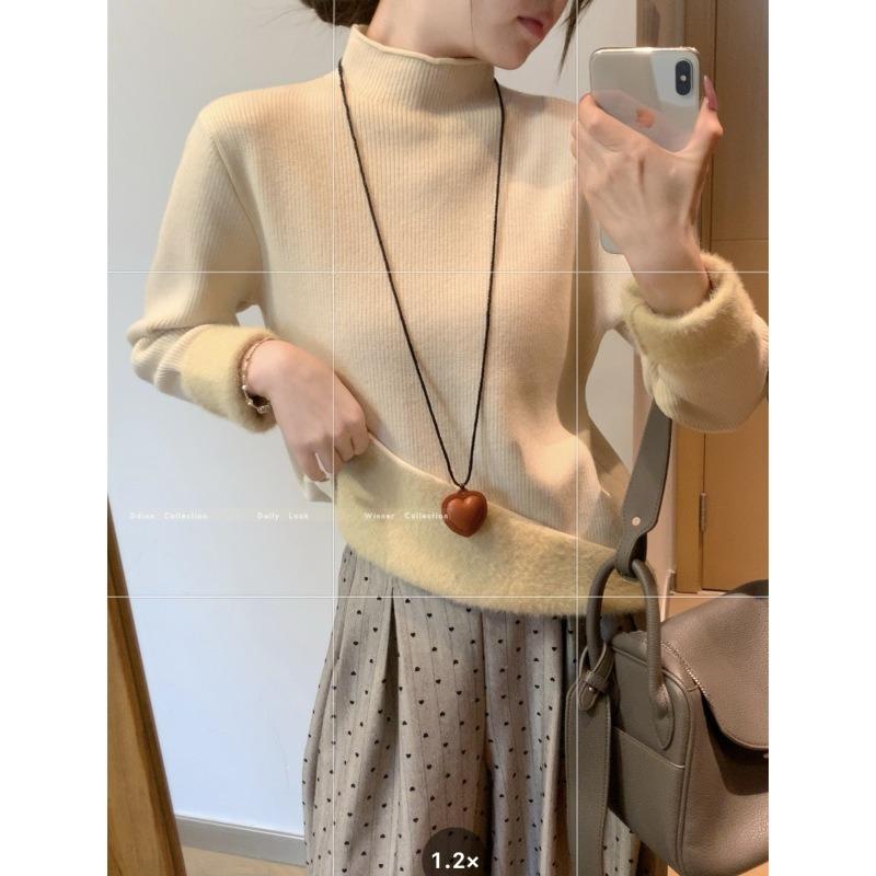 Semi-turtleneck Knitted Sweater Women's Spring Fleece Thickened Inner Backing Top Basic Casual Versatile Sweater