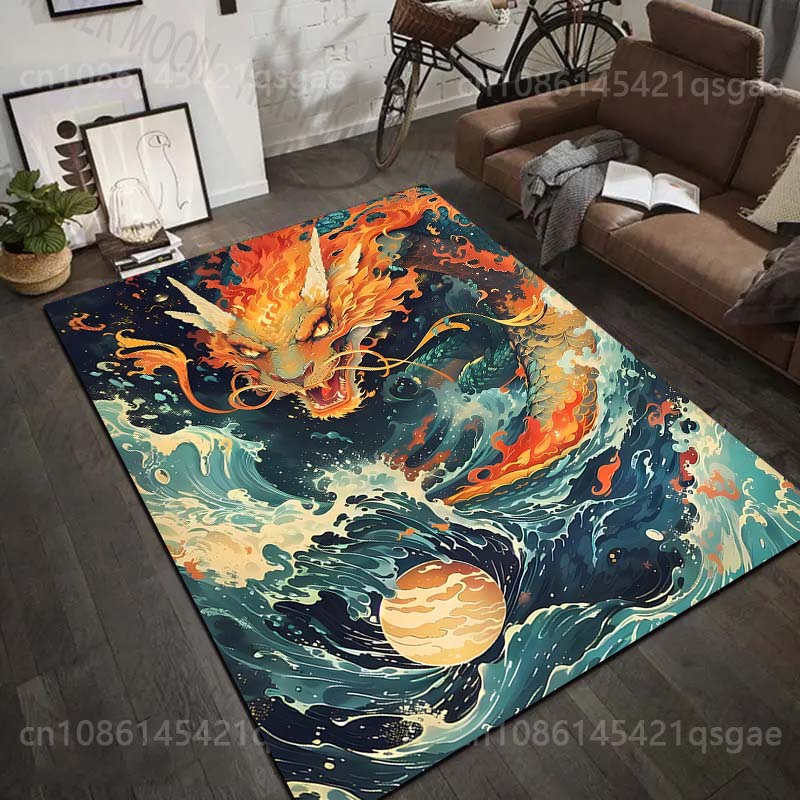1PC Fiery dragon with waves and moon Print Carpet Rug for Living Room Bedroom Sofa Doormat Home Decor Non-slip Floor Mat