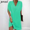 Fashion Summer Spring Solid Color Print Short Sleeve V-Neck Casual Dresses