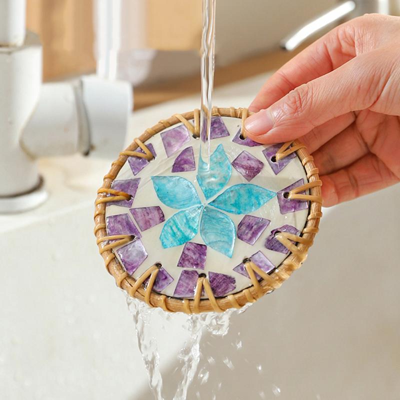 Rattan Coaster Handwoven Colorful Shell Coasters Heat Resistant Cup Mat Coffee Tea Mug Placemat Boho Decorative Coasters Kitchen