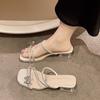 French thick-heeled slippers women's summer wear 2025 new fairy style bow rhinestone temperament high-heeled crystal sandals