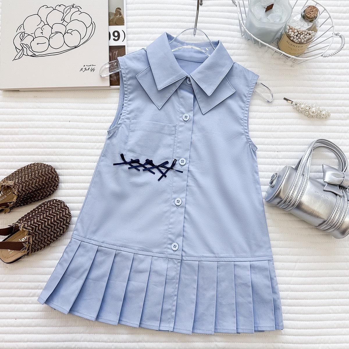 Summer Girls Fashion Simple Preppy Pleated Sleeveless Dress for Little Kids 90cm