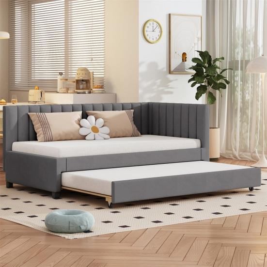 90x200cm Velvet Fabric Upholstered Bed with Pull-out Bed Headboard Line Texture Strong Wood Slat Support Bed Home Furniture, Grey