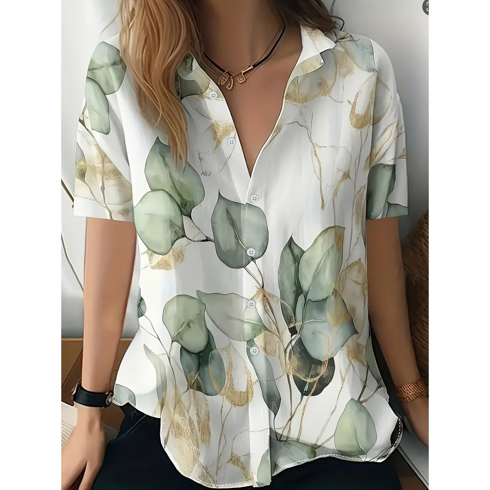Minimalist and personalized print women's short sleeved lapel shirt, summer fashion, daily versatile casual top
