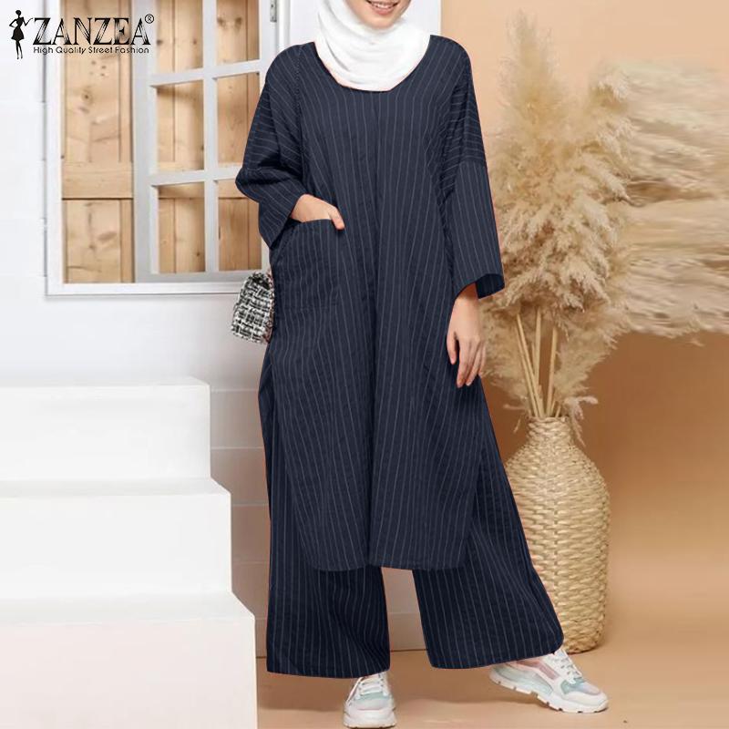 

ZANZEA Stripe Outfits Женская блузка и брюки Повседневный комплект из двух предметов