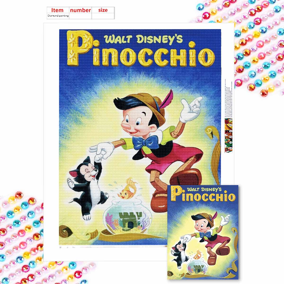 

5D Diy Diamond Painting Pinocchio and The Little Black Cat Full Drill Rhinestones Mosaic Embroidery Handmade Products Home Decor Gift Round 20x30cm