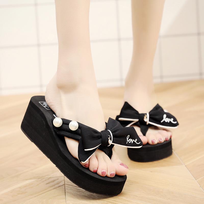 Heel Height 6cm Slippers Flip-flops Hand Sewn Bow Beach Holiday Beach Flip-flops