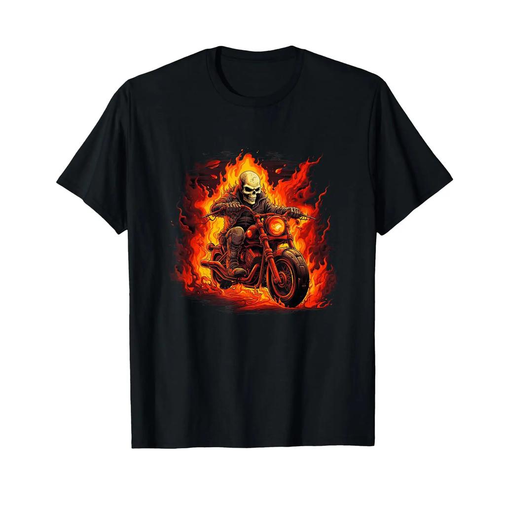Skeleton Flames with Motorcycle for Burning Fire Lovers T Shirt vintage Washed Versatile street