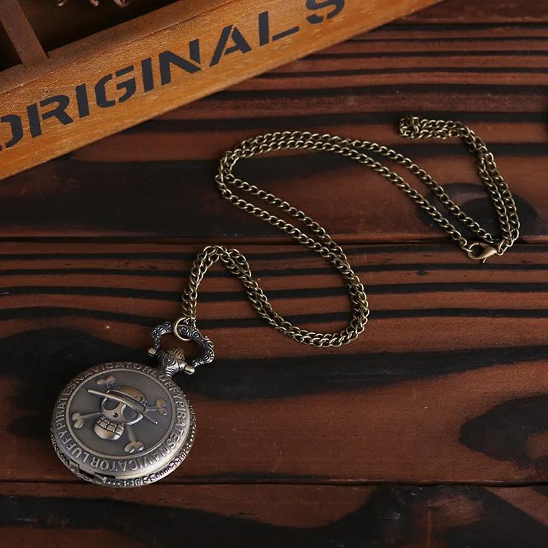Cartoon Anime Theme Pirates Skull Pattern Quartz Pocket Watch Vintage with Pendant Necklace Men's and Children's Gift