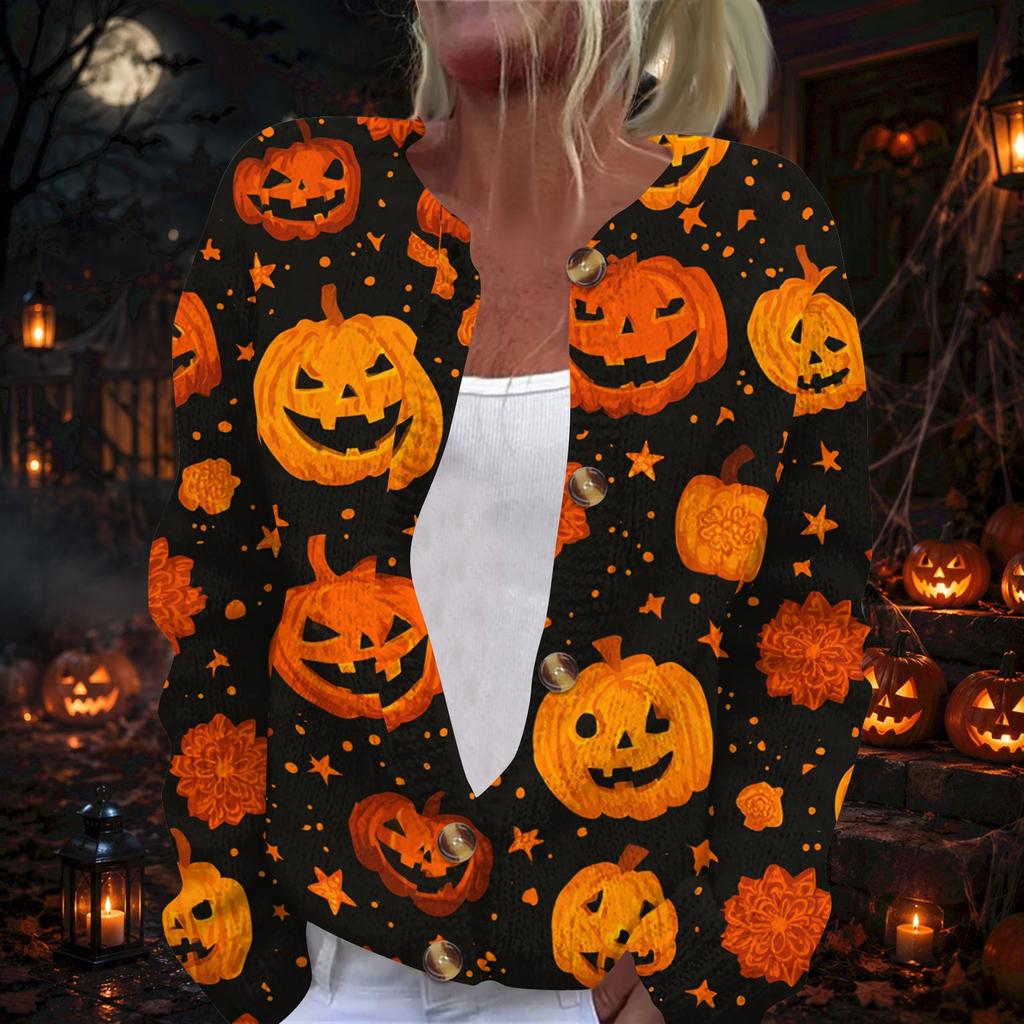 Women's Halloween Print Long Sleeve Knit Cardigan with Button Front