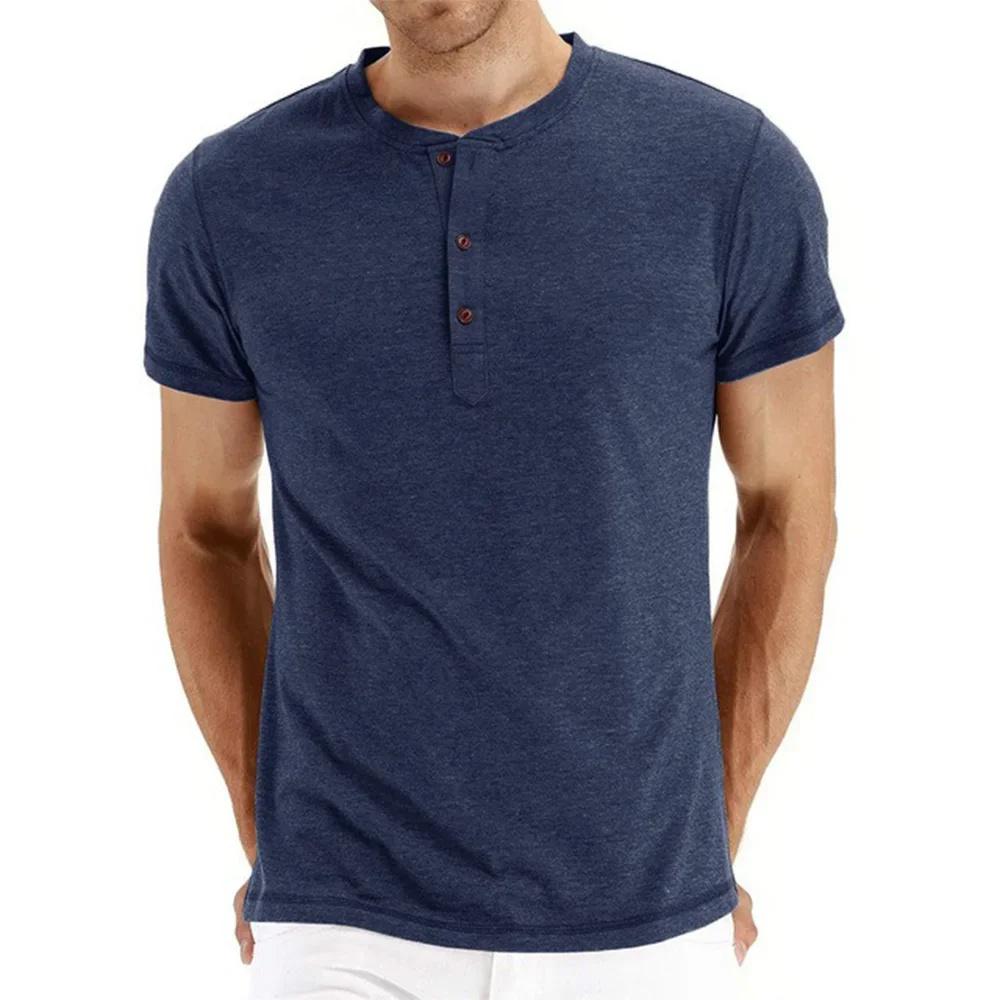 New Men T-shirt Henry Neck Fashion Design Slim Fit Solid T-shirts Male Tops Tees Short Sleeve T Shirt For Men
