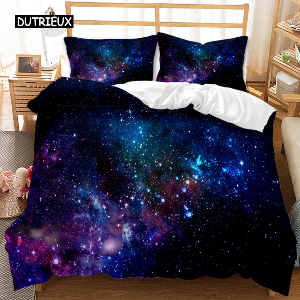 Sternenhimmel Bettbezug Staubige Gaswolke Nebel und Sternhaufen im Weltraum Polyester Bettwäscheset Doppel Queen King Size