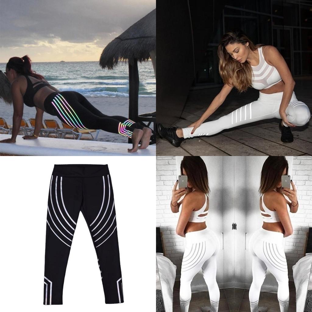 Leggings Taille Haute Femme Bande Réfléchissante Pantalon d'Entraînement Pantalon de Yoga Sport Fitness Sexy