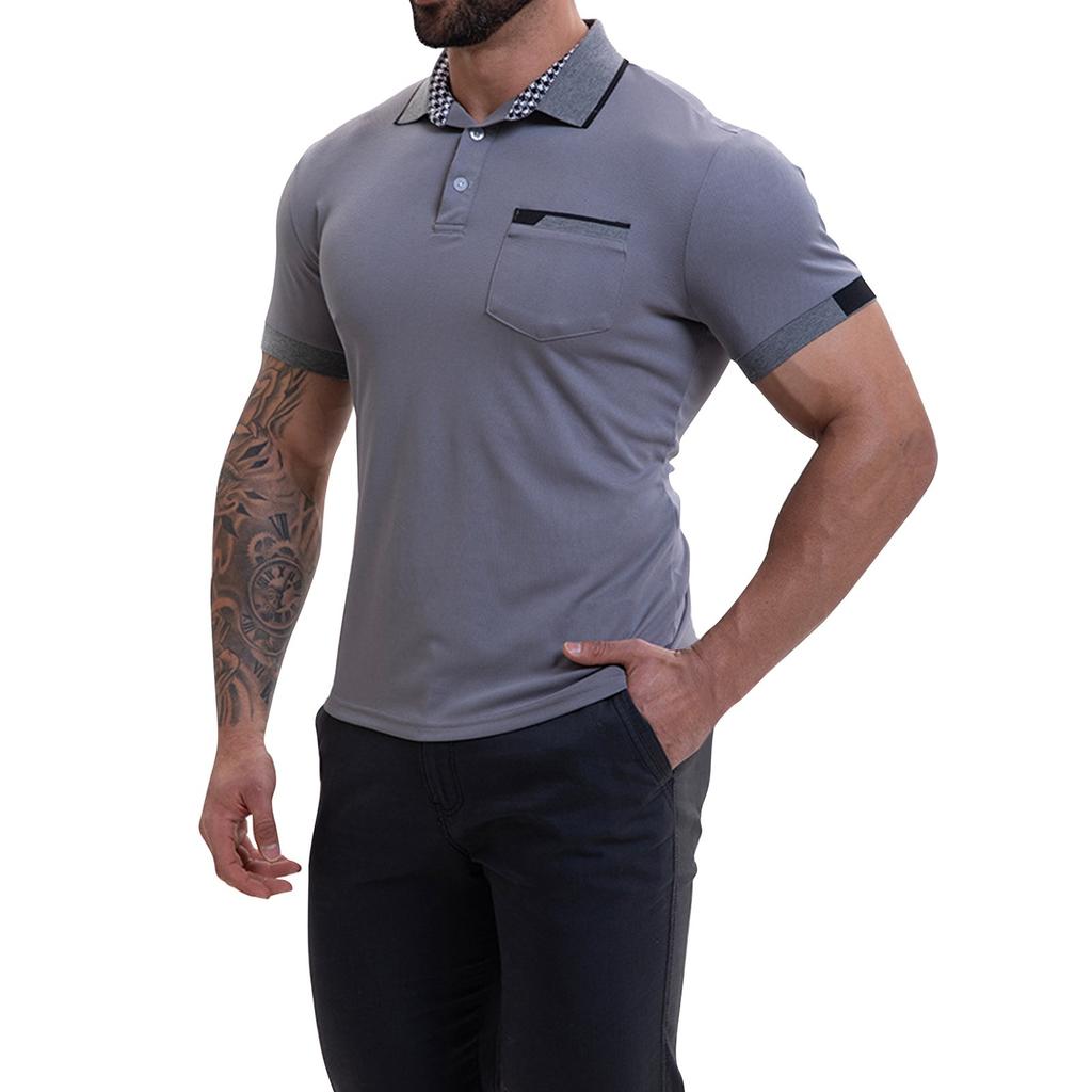 Men's Solid Color Button Pocket Lapel Short Sleeve Top Men's Casual Fashion Shirt