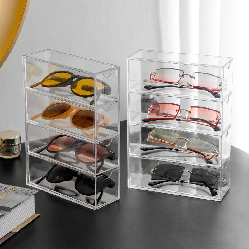 Desktop Eyeglasses & Sunglasses Storage Box - Transparent Divided Drawer Organizer for Cosmetics, Lipstick, and Contact Lenses.