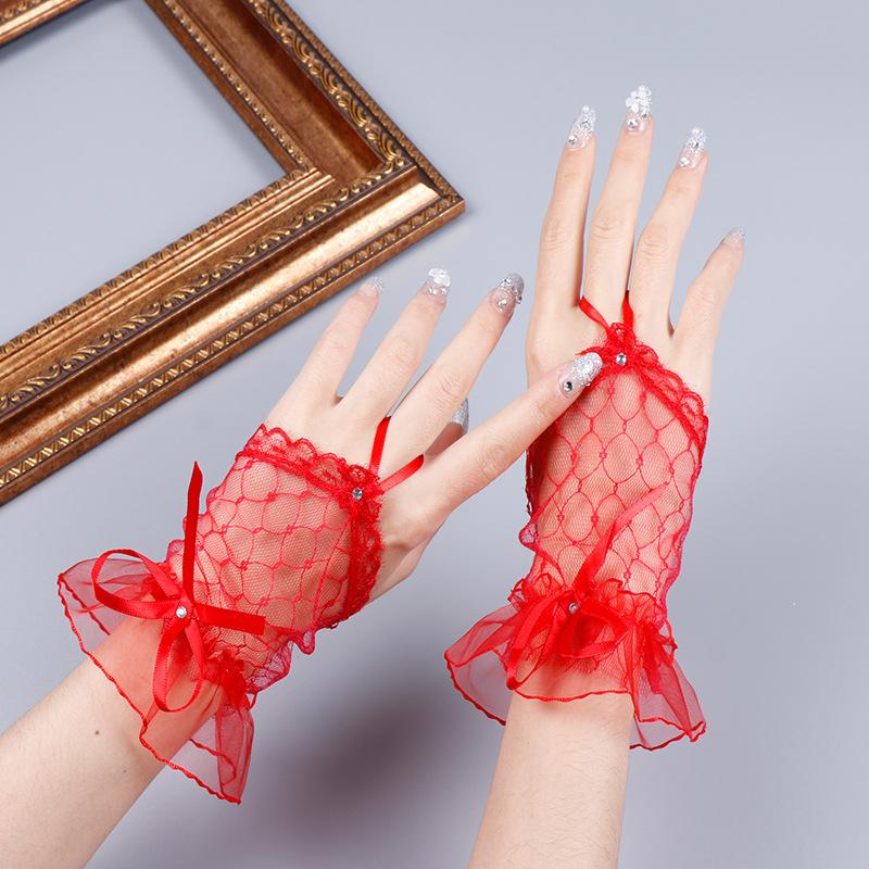 Summer Lolita Lace Short Fingerless Gloves Girl Princess Mesh Bow Hand Sleeve Dress Party Wedding Cosplay Accessories