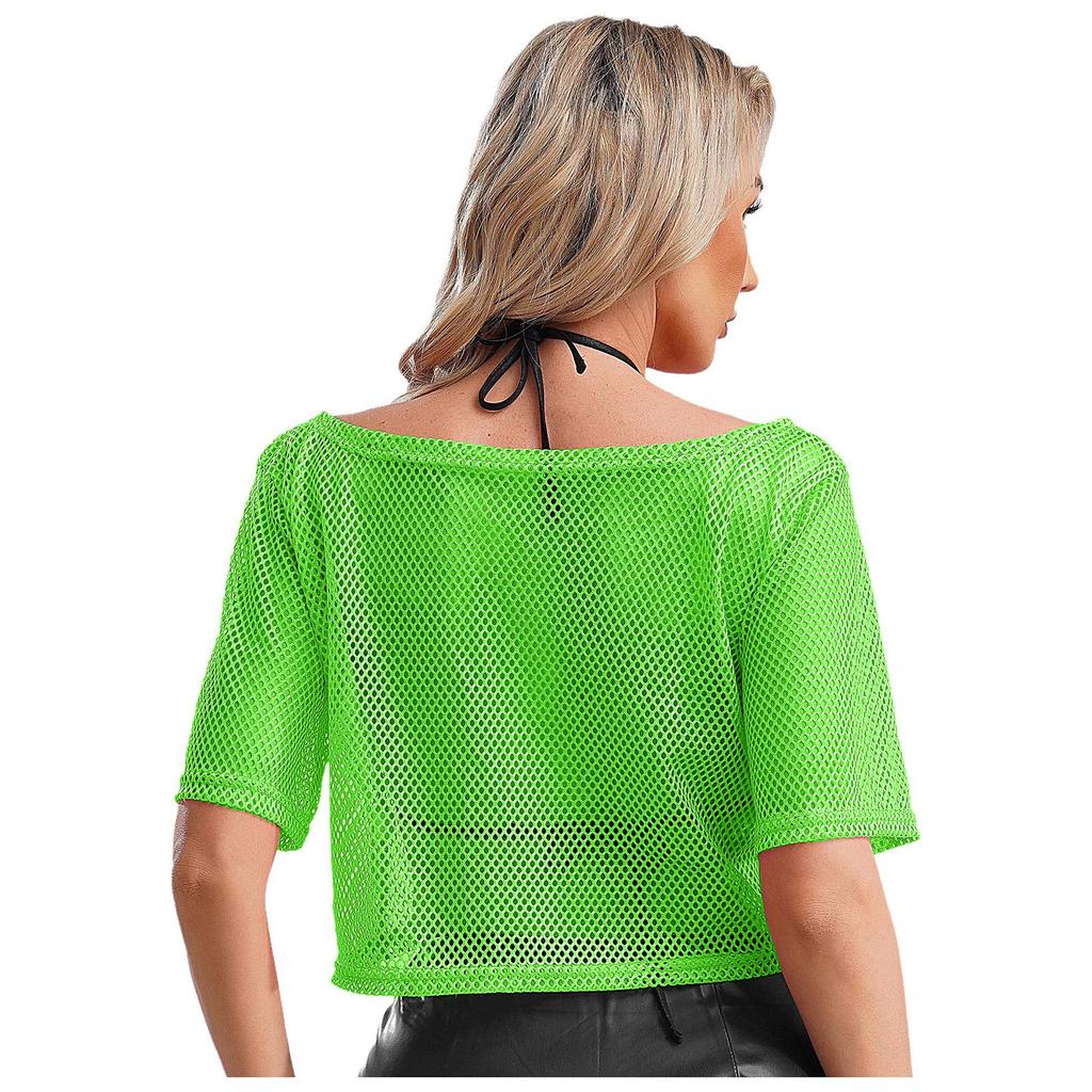 Damen Neon 80er Disco Fischernetz T-Shirt Kurzarm Ausgeschnitten Netz Crop Top
