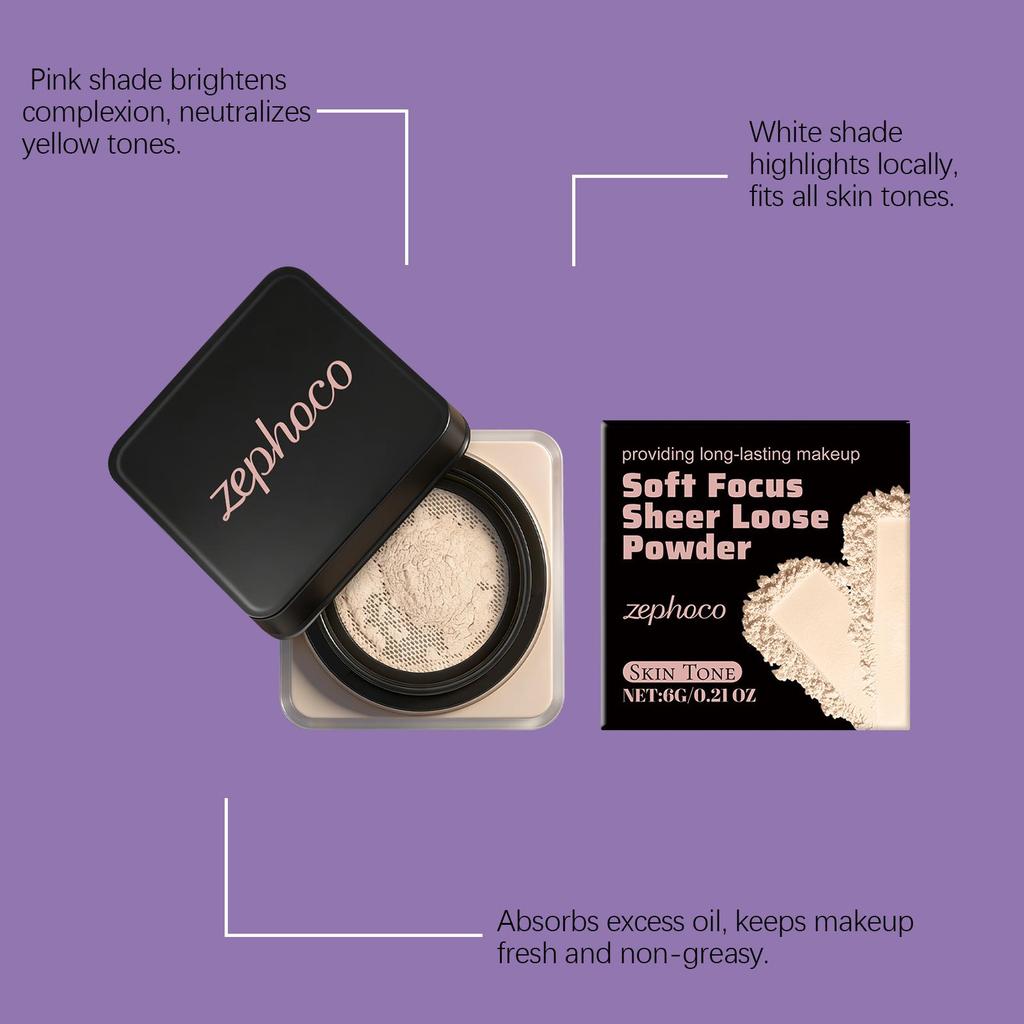 Zephoco Translucent Loose Powder: Natural, Lightweight, Breathable, Non-Greasy Setting Powder for Soft Focus and Skin Tone Enhancement.