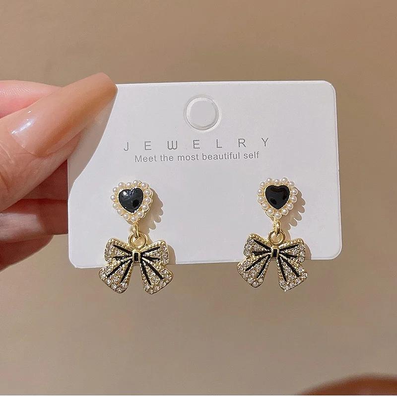 Black Heart Bowknot Crystal Imitation Pearl Drop Earrings for Women Personality Brincos Zircon Christmas Gift Wholesale