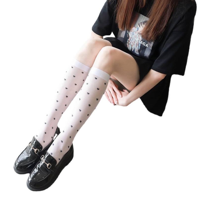 Love Heart Mid-Calf Socks - White & Black Trendy JK Style, Sheer Flesh-Colored with Peach Heart Design.