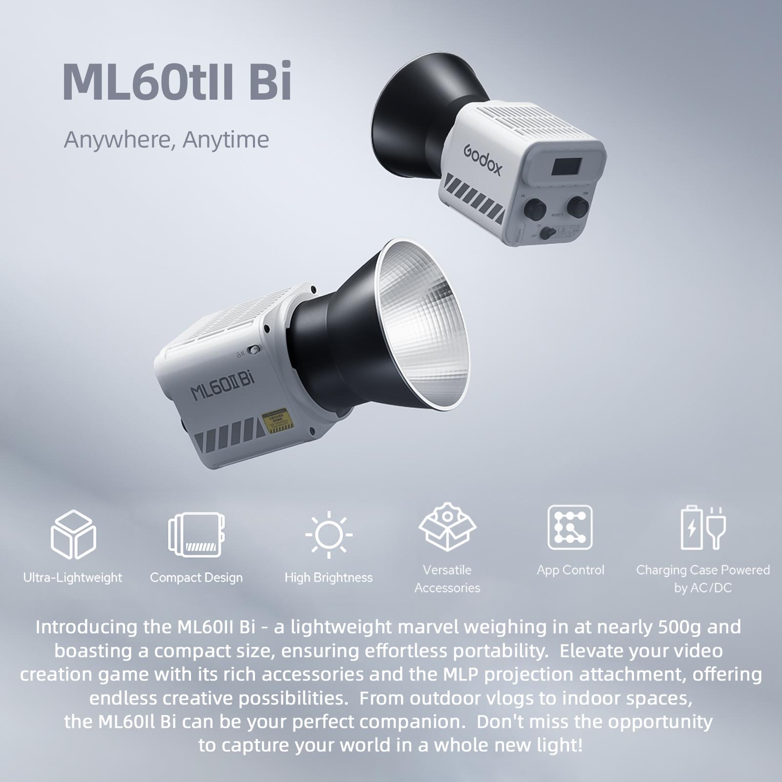 

GODOX ML60II Bi 70 Вт Видеосвет Двухцветный Свет для фотографии 2800K 6500K Диммируемый CRI более 96 с креплением GODOX COB EU Plug белый