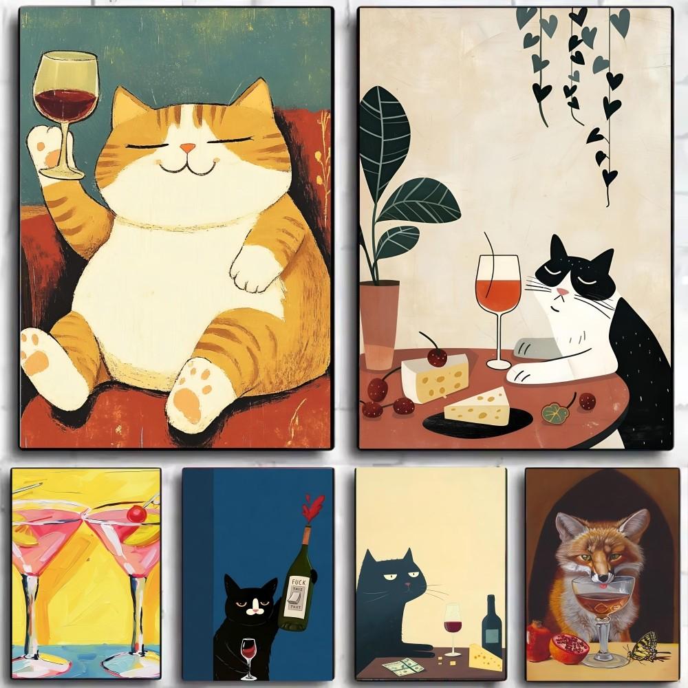 1ks Moderní Kočka Pije Víno Vtipné Zvíře Rostlina Plakát HD Plakáty Domácí Pokoj Bar Kavárna Dekorace Umění Nástěnná Malba Obrázek