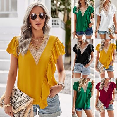 Europa und die Vereinigten Staaten kurzarm Shirt weibliche Sommer Temperament Pendler V-Ausschnitt Rüschen Bluse