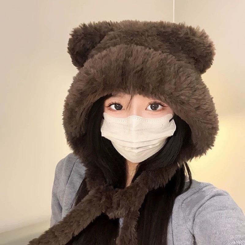 Autumn and Winter Cute Bear Showing Face Small Plush Hat Female Warm Big Head Circumference Ear Protector Wool Hat Knitted Hat