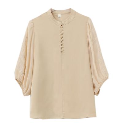 Satin Silk Shirt for Women In Summer New Loose Design Embroidered Lantern Sleeve Mulberry Silk