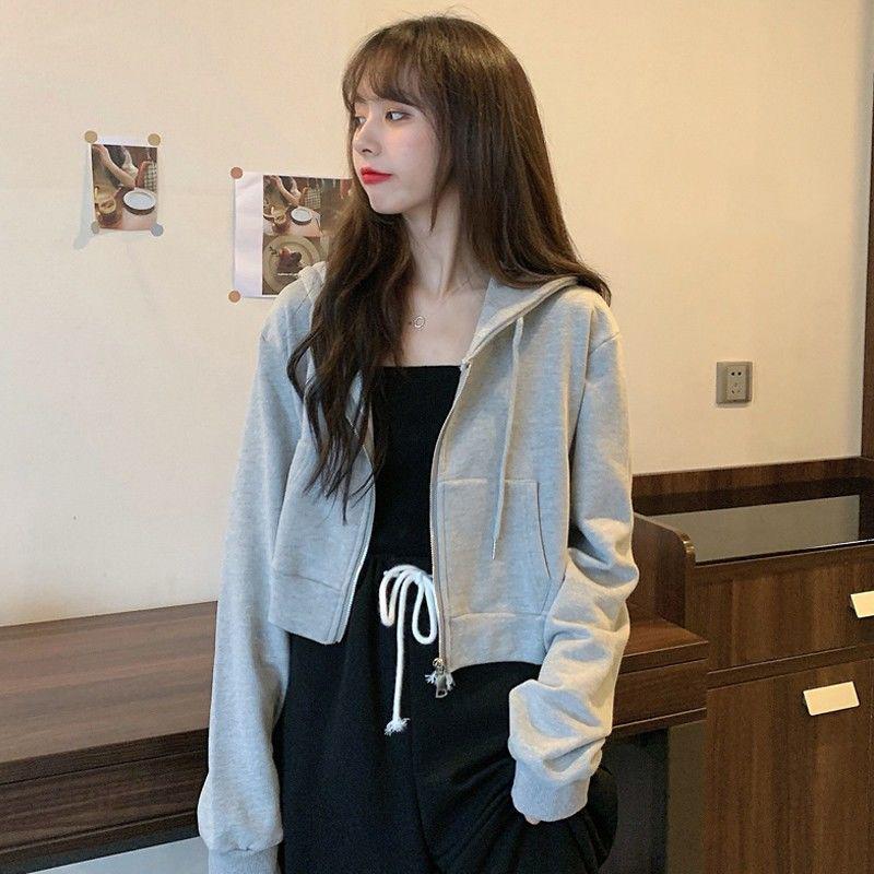 

Осенний корейский женский кардиган на молнии с капюшоном - Тонкий, однотонный, с длинным рукавом. Large серый