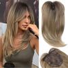 Topper de Clip para el Cabello para Mujer Sin Malla, Fibra Sintética de Alta Temperatura, Rubio Dorado Largo y Rizado con Flequillo de Cortina, Pieza de Cabello para Coronilla Adelgazada
