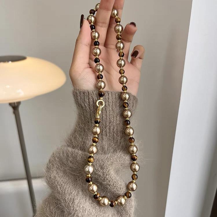 Autumn-Winter Myllard Tiger's Eye Mocha Gold Brown Pearl Necklace – Luxury Sweater Chain for Women