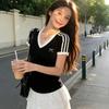 Black V-neck Lace Front Shoulder Short-sleeved T-shirt Women's Summer New Slim-fit Short Beautiful Slim Top