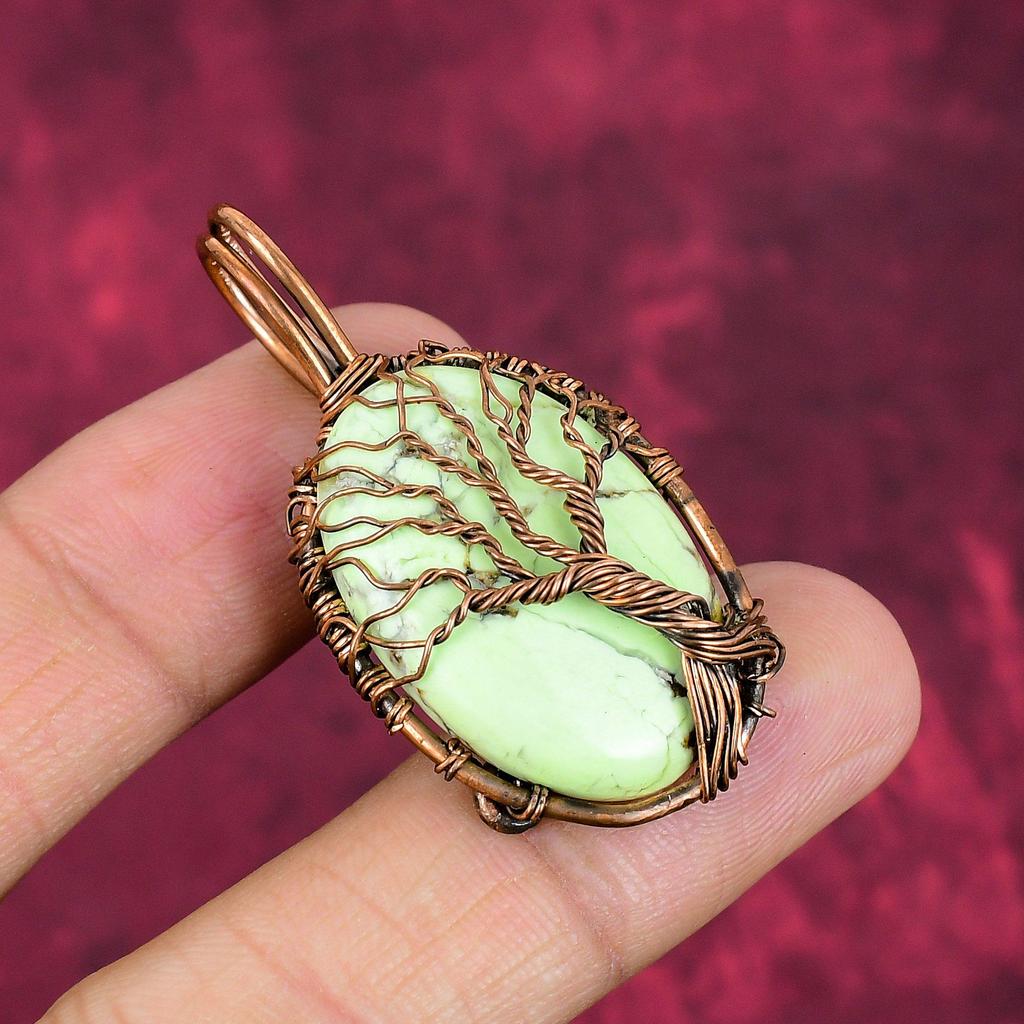 Tree Of Life Lemon Chrysoprase Pendant Gemstone Copper Wire Wrapped Pendant