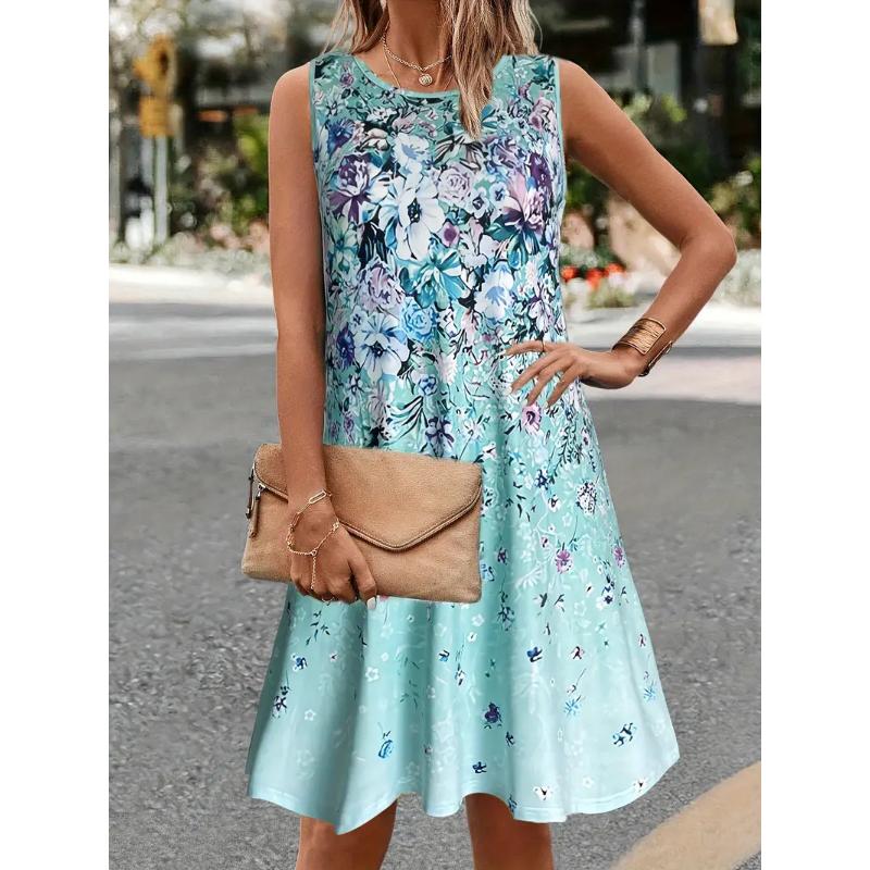 Letní Nové Barevné Květinové Potisk Kulatý Výstřih Bez Rukávů Šaty Vesta Dovolená Pláž Pobřeží Romantické Šaty Dámské Oblečení