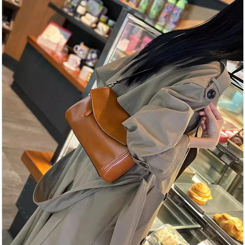 

Women’s Cow Leather Shoulder Bag Ladies Natural Cowhide Luxury Designer Underarm Bags Female Fashi Retro Commute Handbags Lady 28x10x18cm