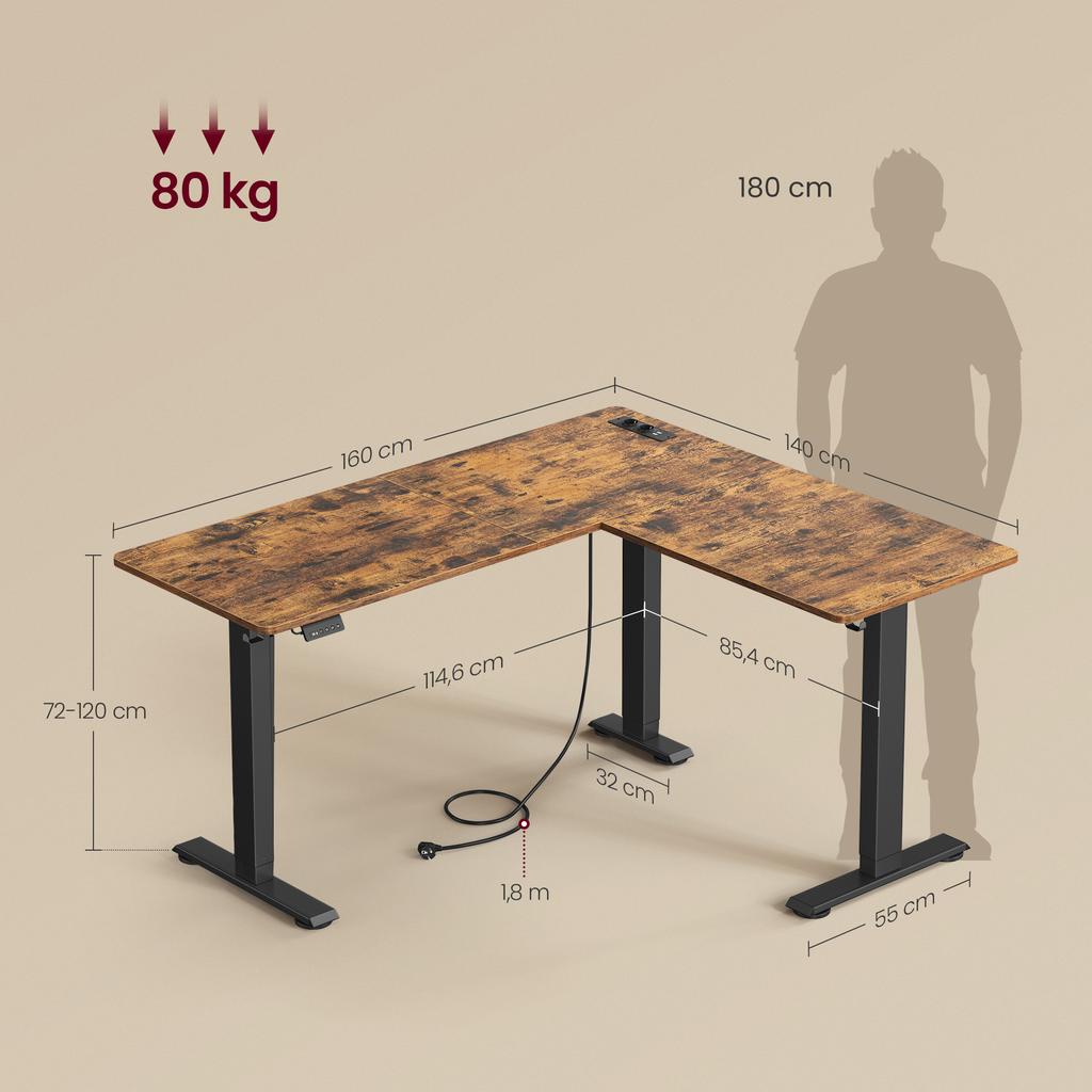 VASAGLE Mesa de Canto em L Ajustável em Altura Elétrica LSD264K01 140 x 160 cm com Régua de Tomadas 2 Alturas Função de Memória para Teletrabalho