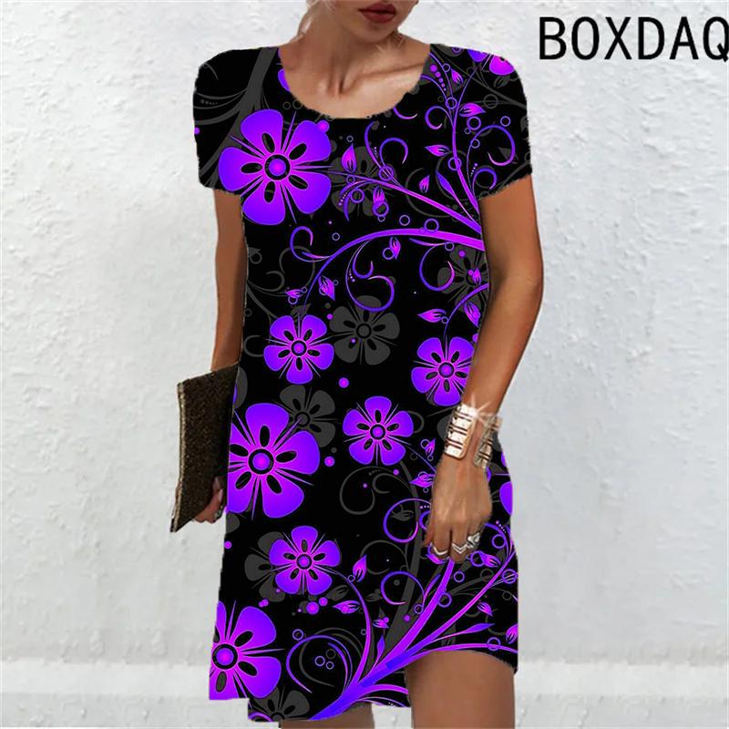 3D Flower Print Women Dress New Summer Sundress Elegant Fashion Short Sleeve O-Neck Loose Casual A-Line Dresses Ladies