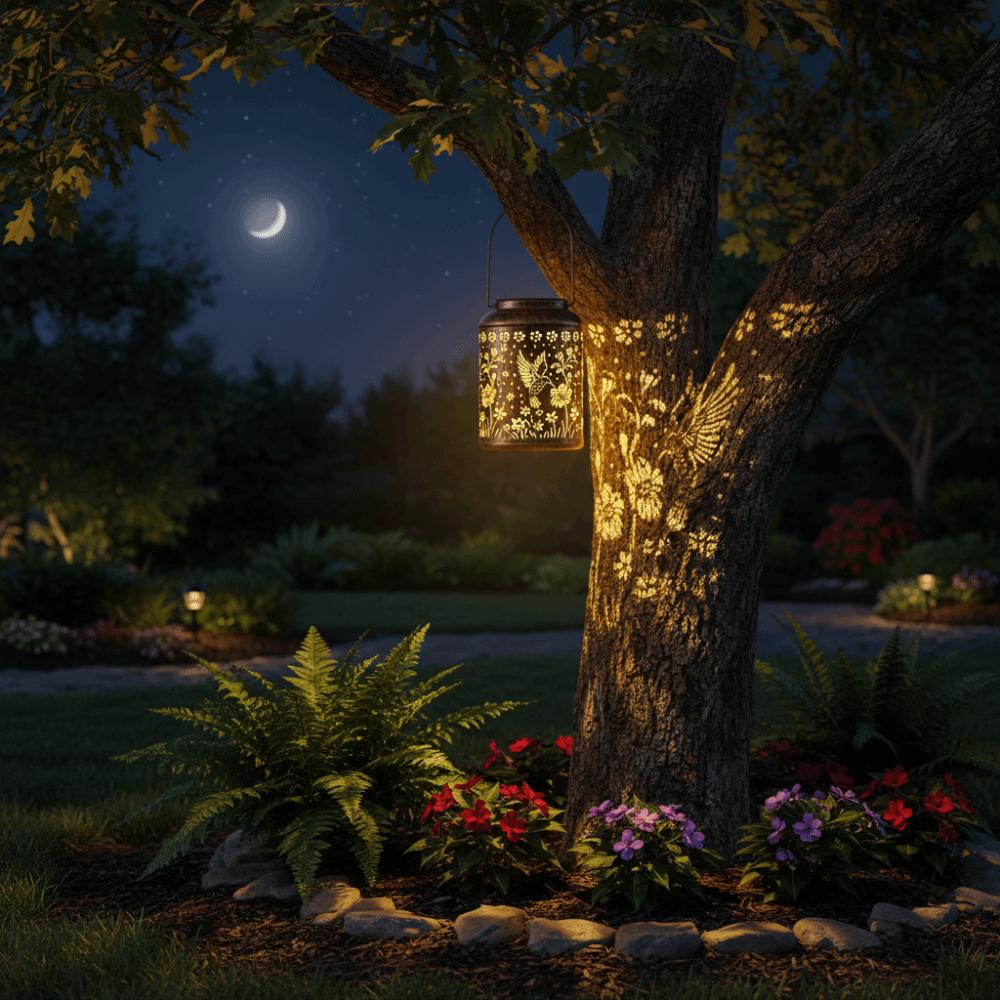 Waterproof Solar Lantern Vintage Style Metal Material Hanging Solar Light Sunflower Shape Hummingbird Design LED Garden Light
