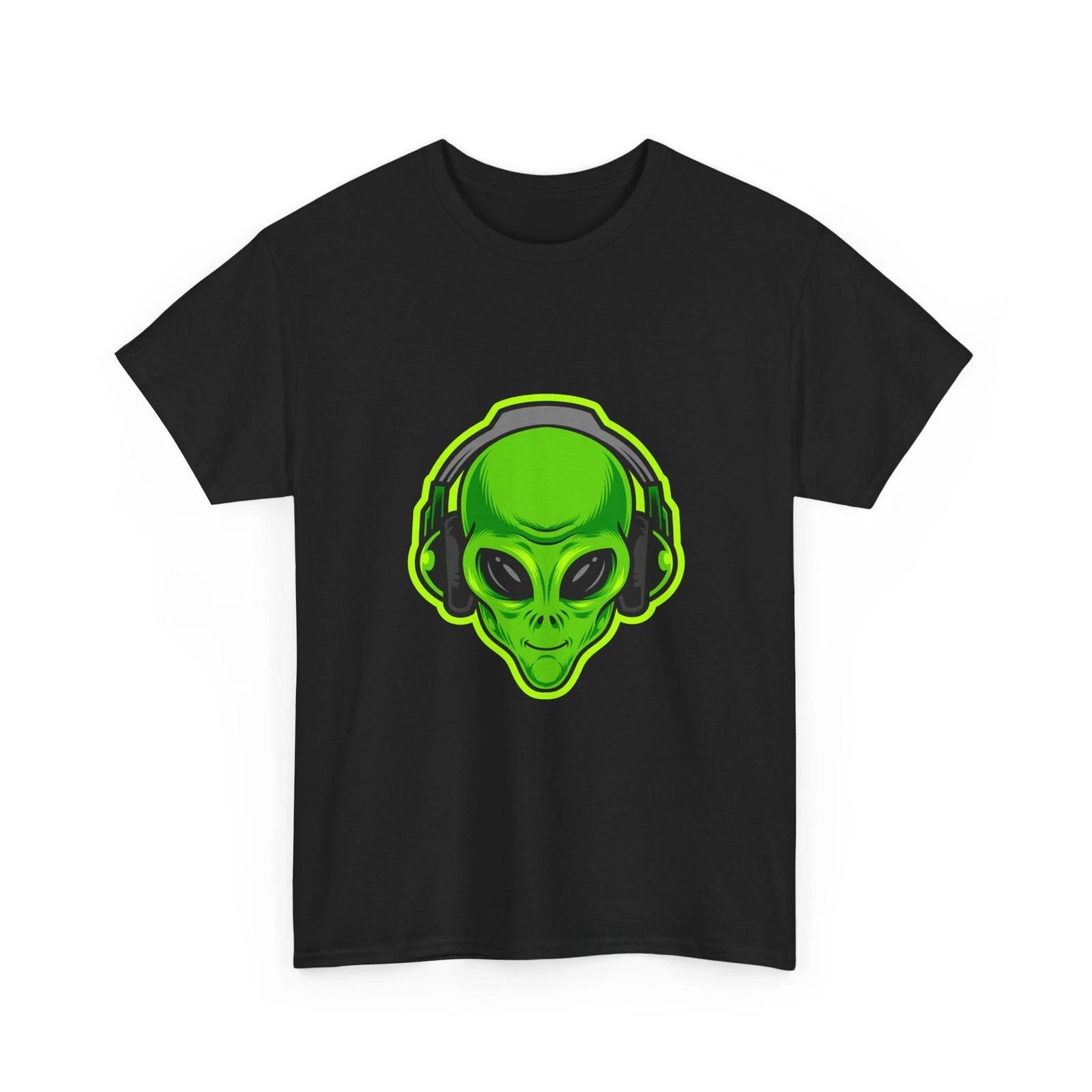 Green Alien Head with Headphones Black T-Shirt | Retro Space Music Tee, Cool XL