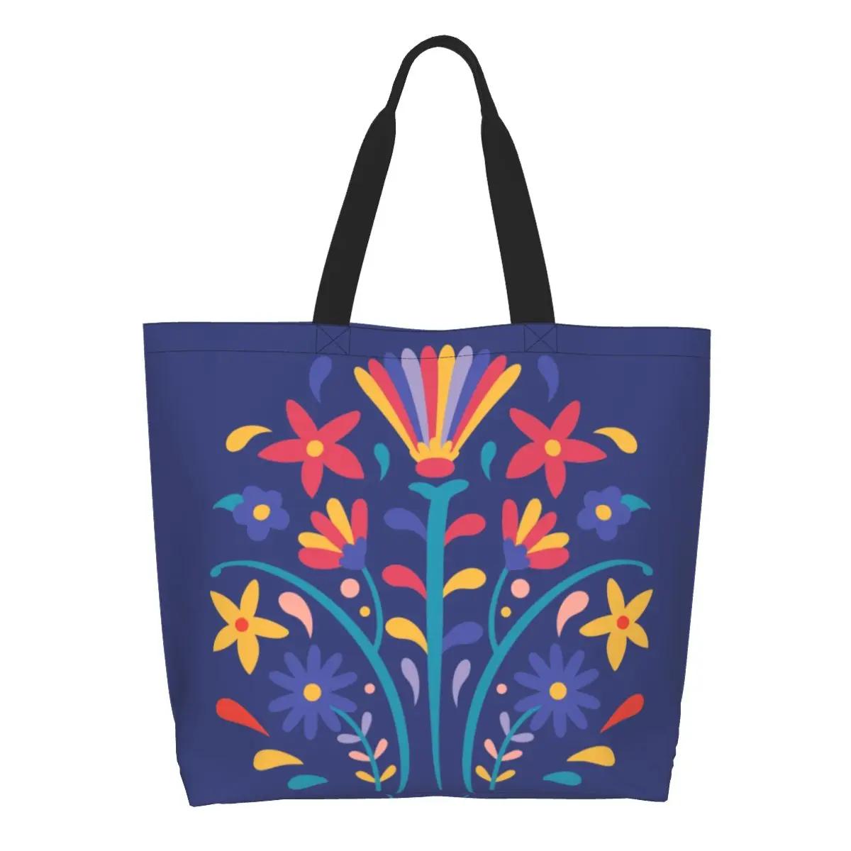 

Custom Reusable Mexican Otomi Floral Art Shopping Bag Canvas Shoulder Tote Bag Folk Flowers Pattern Grocery Shopper Bags S разноцветный
